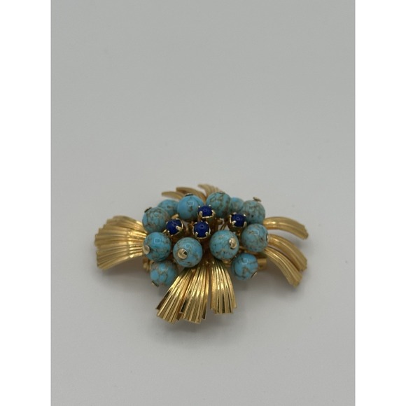 Matix Jewelry - Brooch‎ 1940s Gold Color and Turquoise Matrix 3D Effect